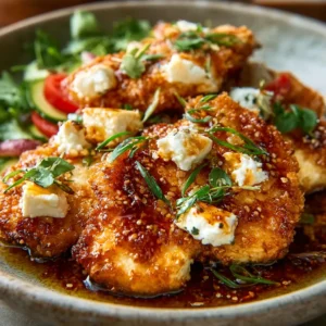 PERFECT HOT HONEY FETA CHICKEN 2 A close-up shot showcasing the deliciousness of Hot Honey Feta Chicken, featuring crispy chicken, melted feta, and a glistening honey glaze.