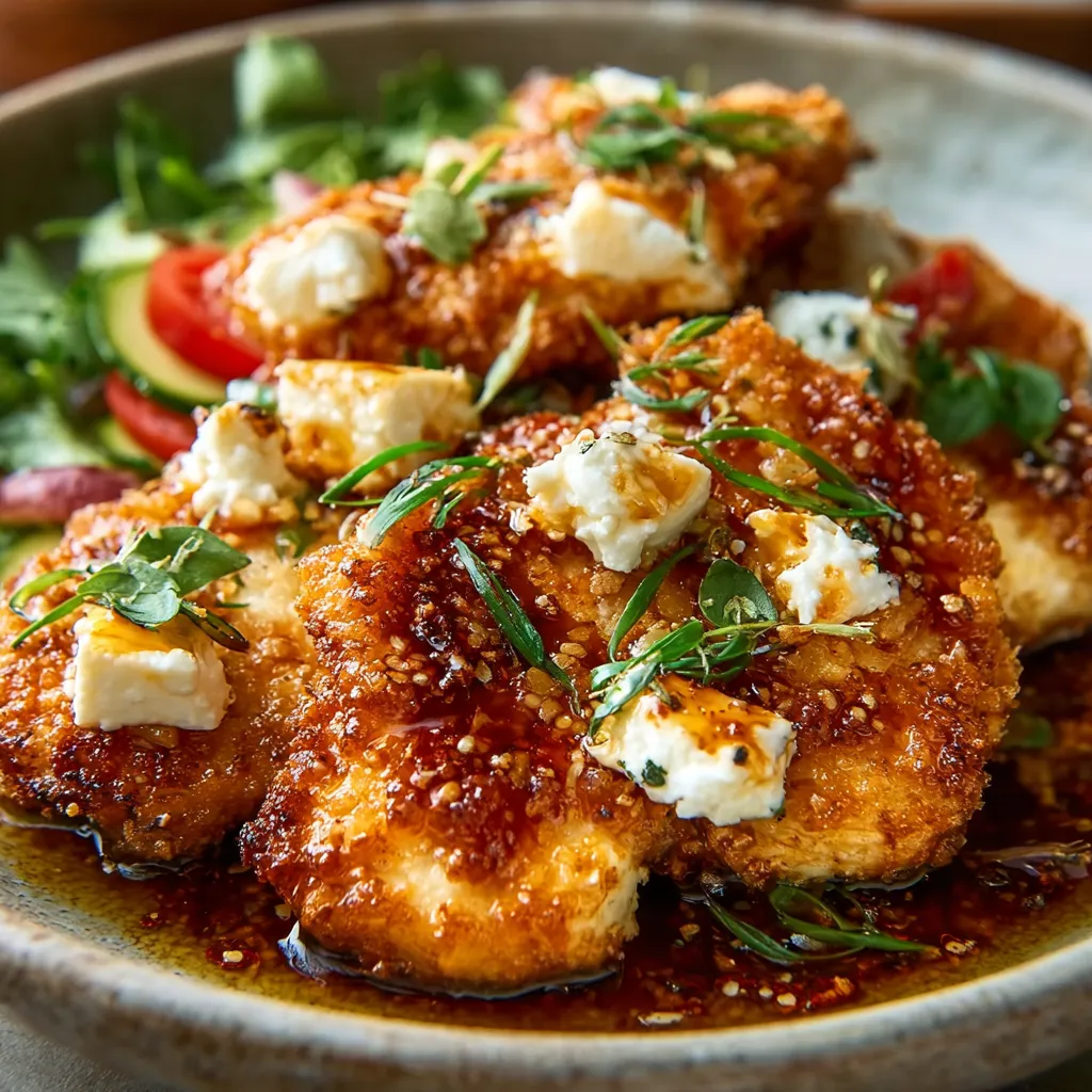 PERFECT HOT HONEY FETA CHICKEN 1 A close-up shot showcasing the deliciousness of Hot Honey Feta Chicken, featuring crispy chicken, melted feta, and a glistening honey glaze.