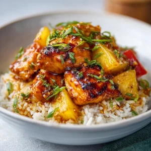 PINEAPPLE CHICKEN AND RICE CLEAN EATING 2 Delicious Pineapple Chicken And Rice served in a white bowl.