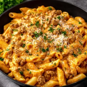 QUICK CREAMY BEEF PASTA 2 Creamy Beef Pasta dish served as a featured image for a food blog recipe.