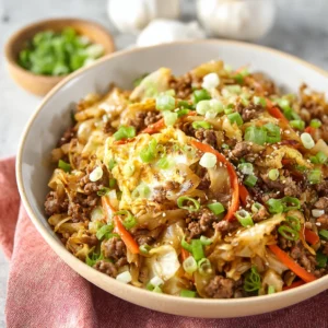 QUICK EGG ROLL IN A BOWL 2 A close-up shot showcases the vibrant and delicious Egg Roll In A Bowl, a deconstructed version of the classic appetizer.
