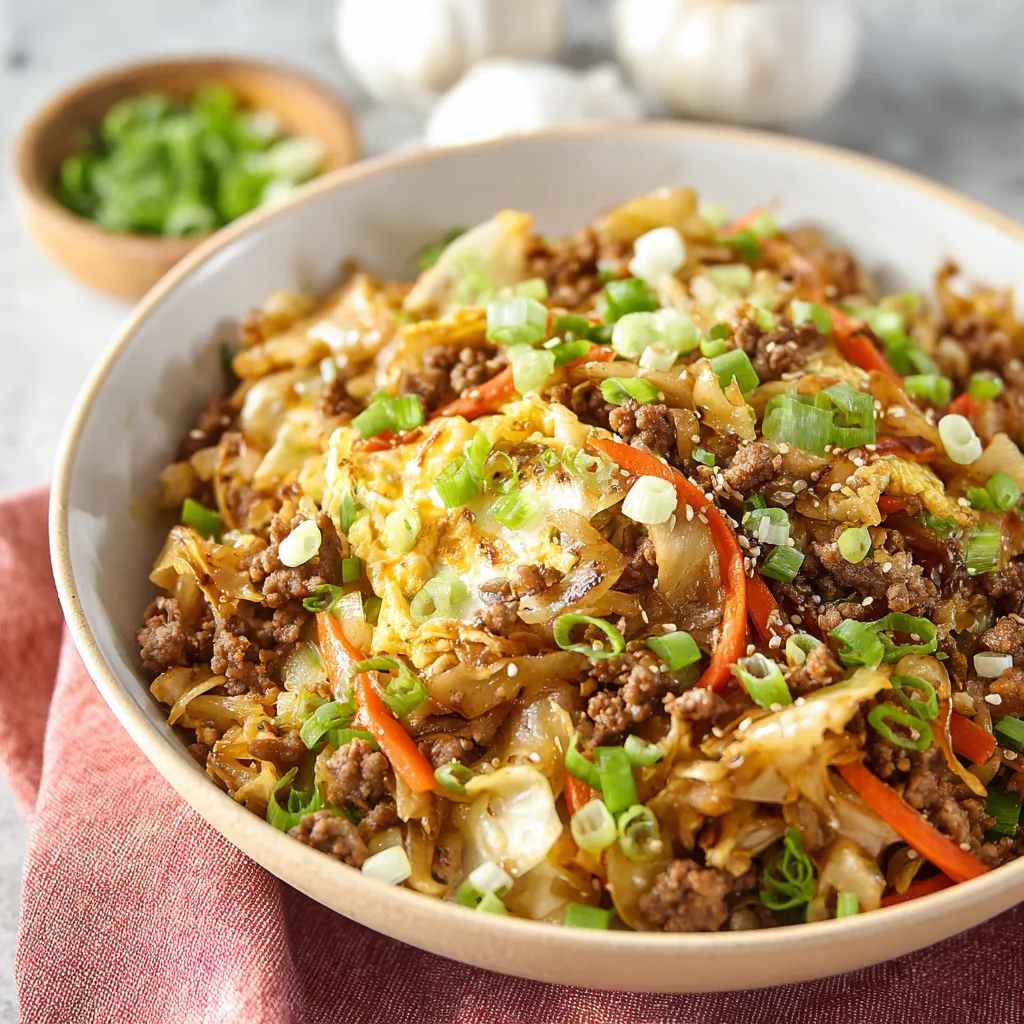 QUICK EGG ROLL IN A BOWL 1 A close-up shot showcases the vibrant and delicious Egg Roll In A Bowl, a deconstructed version of the classic appetizer.