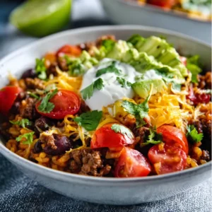 QUICK TACO RICE BOWL RECIPE 2 Delicious Taco Rice Bowl topped with ground beef, cheese, and fresh vegetables.