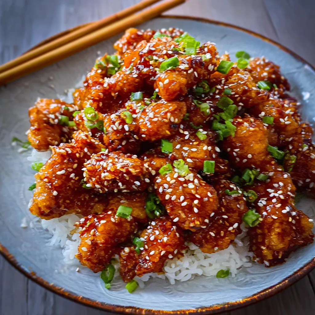 SESAME CHICKEN BETTER THAN TAKEOUT FAST 1 Delicious Sesame Chicken coated in a savory sauce and sesame seeds.
