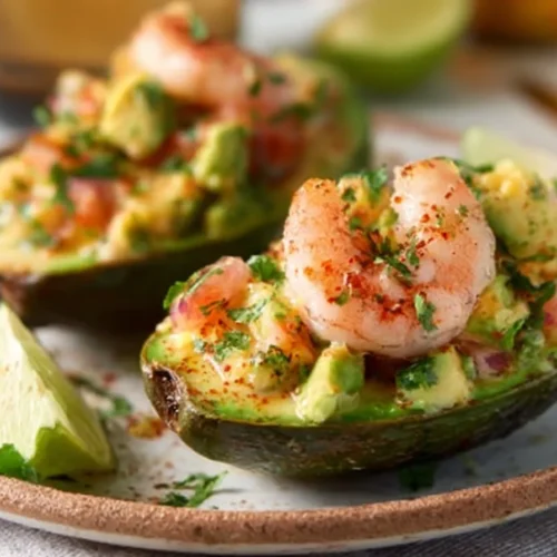 SHRIMP STUFFED AVOCADOS EASY 2 Shrimp Stuffed Avocados, a delicious and healthy meal, are beautifully presented in this featured image.