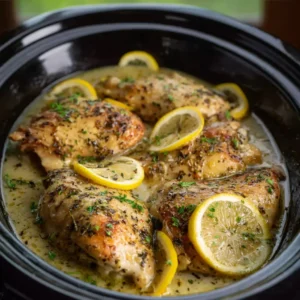 Juicy Slow Cooker Lemon Herb Chicken ready to serve, perfect for an easy weeknight dinner.