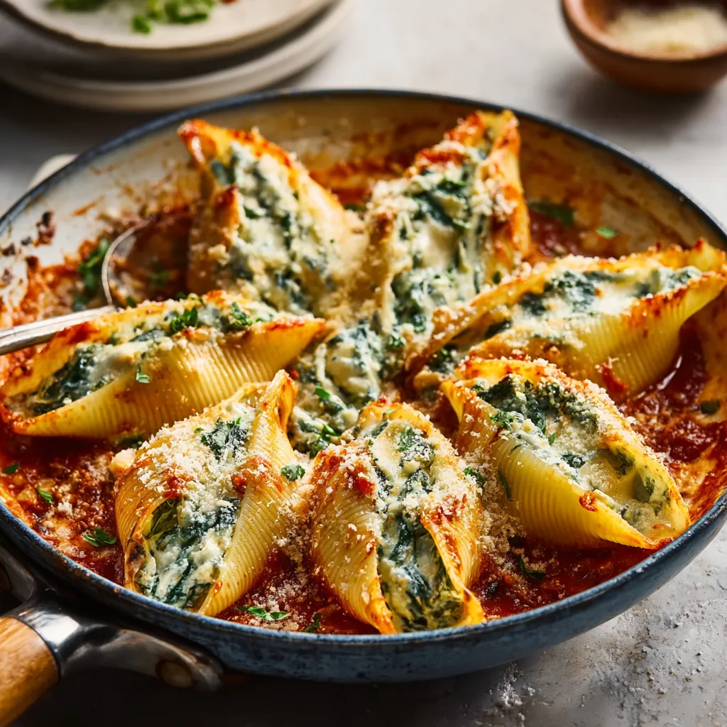 STUFFED SHELLS CREAMY MEATLESS VEGGIE DREAM 1 Delicious Stuffed Shells filled with ricotta cheese and topped with marinara sauce.