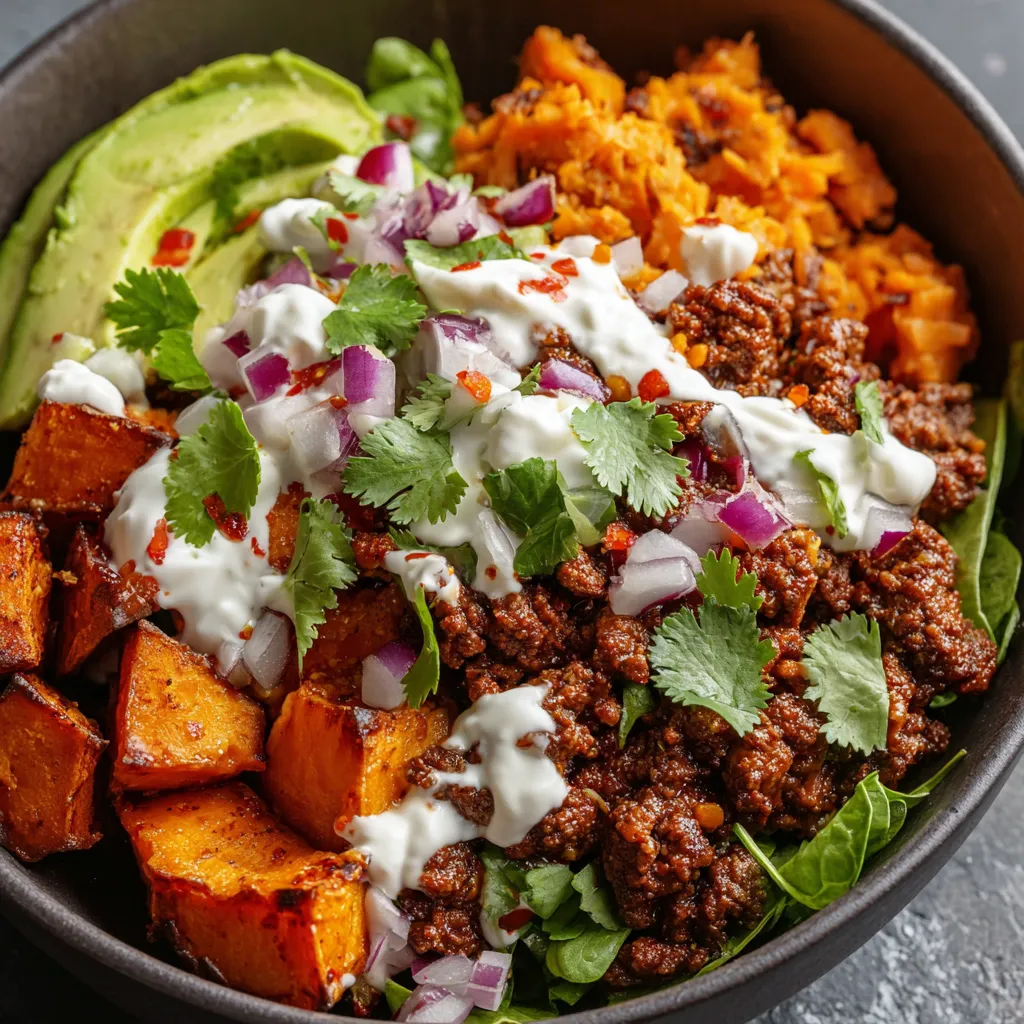 SWEET POTATO TACO BOWLS EASY 1 A vibrant and delicious bowl of Sweet Potato Taco Bowls, showcasing the colorful ingredients.