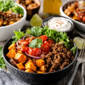 SWEET POTATO TACO BOWLS ONE PAN MAGIC 2 Sweet Potato Taco Bowls bursting with vibrant colors and fresh toppings.