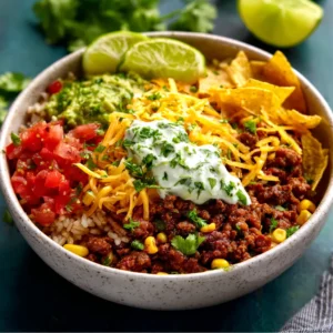TACO RICE BOWL 15 MINUTE WIN 2 Delicious Taco Rice Bowl with seasoned ground beef, rice, and fresh toppings.
