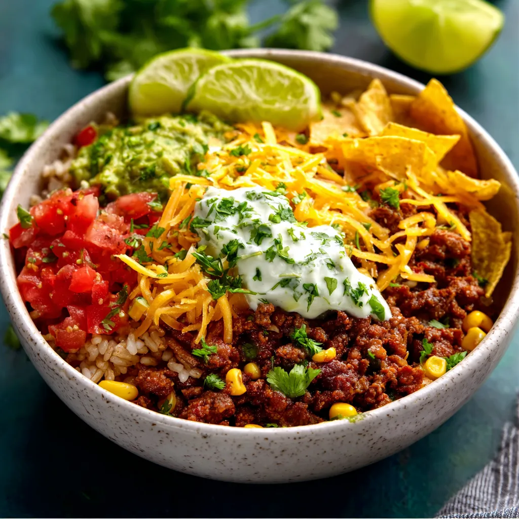 TACO RICE BOWL 15 MINUTE WIN 1 Delicious Taco Rice Bowl with seasoned ground beef, rice, and fresh toppings.