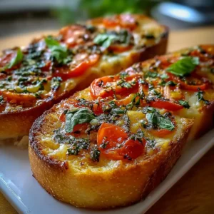 TOMATO BASIL GARLIC BREAD EASY 2 Close-up of delicious and crusty Tomato Basil Garlic Bread, perfect as an appetizer or side dish.