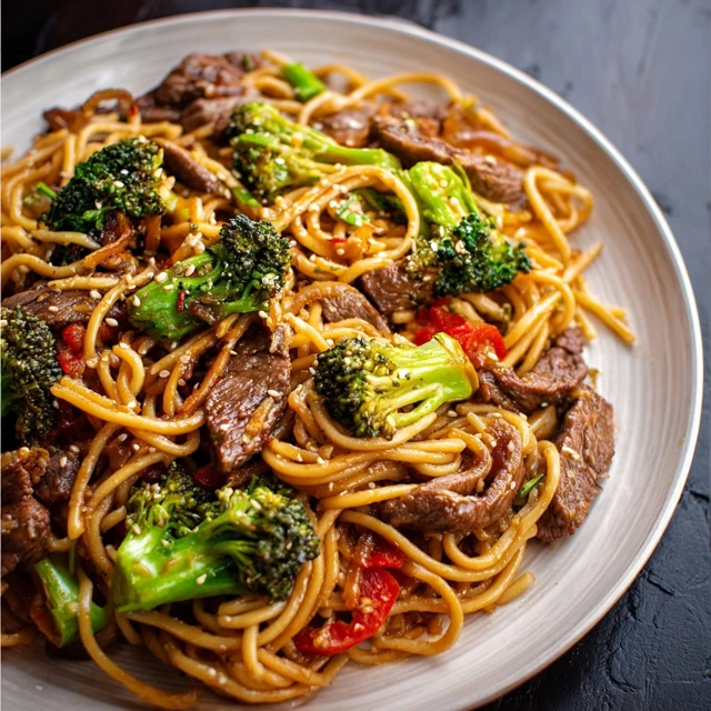 Close-up of delicious Beef And Broccoli Lo Mein noodles with tender beef and vibrant broccoli.