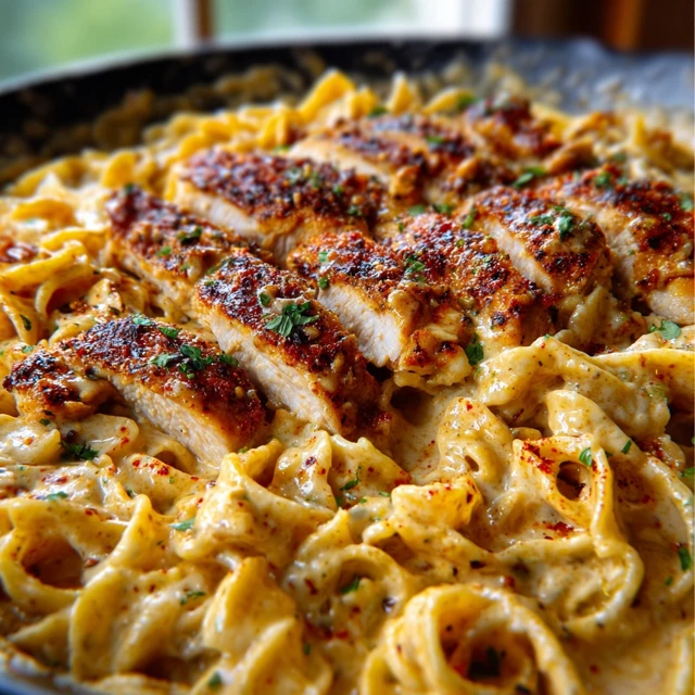 Creamy Cajun Cream Cheese Chicken Pasta Bake ready to be served.