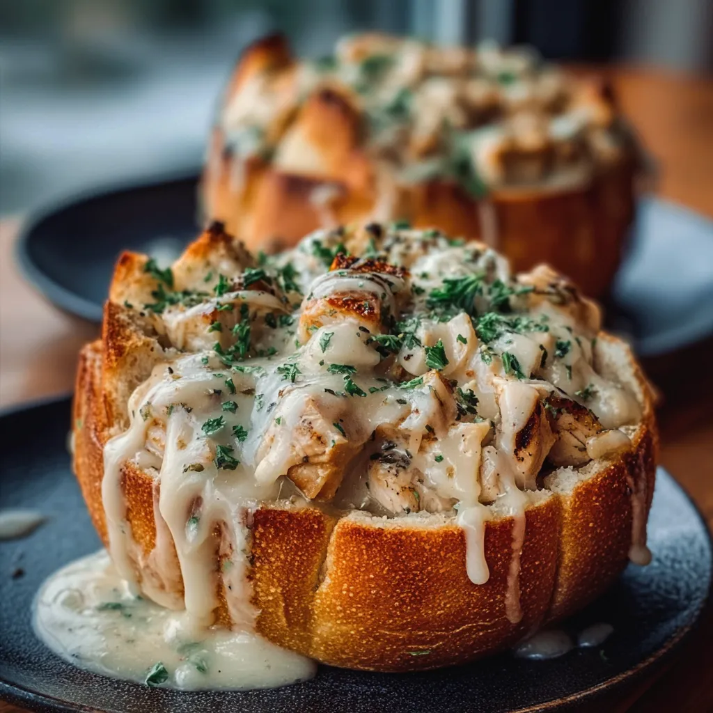 Creamy Chicken Alfredo Garlic Bread Bowls, a delicious and easy comfort food recipe.