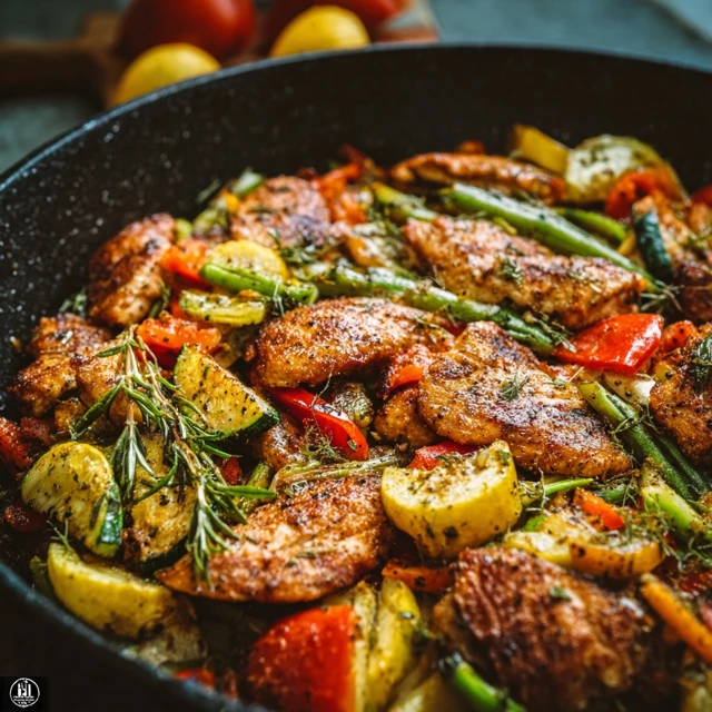Delicious Chicken And Vegetables Skillet ready to be served, a healthy and easy weeknight meal.
