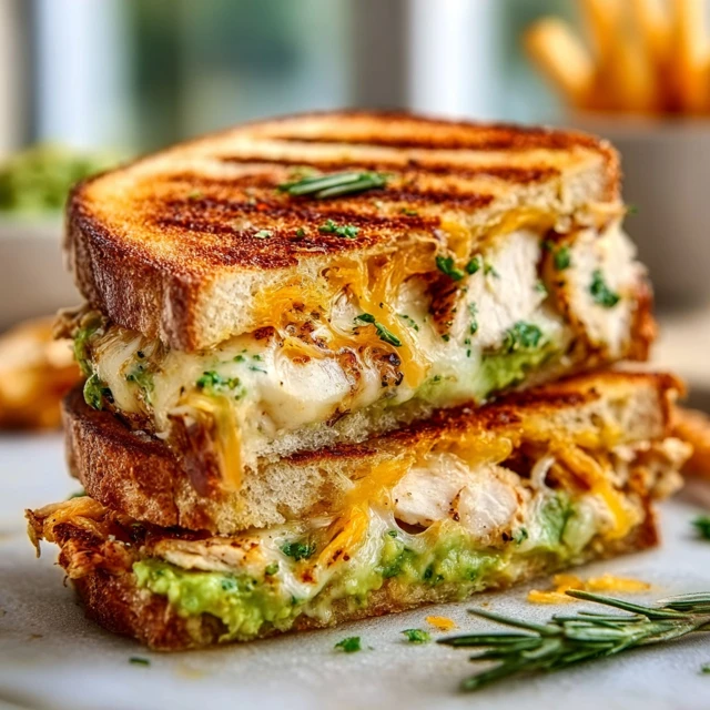 Delicious Chicken Avocado Melt sandwich with melted cheese and ripe avocado slices.