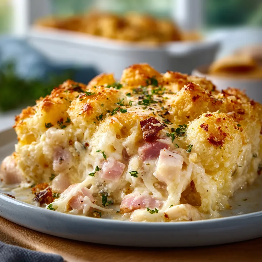 Creamy Chicken Cordon Bleu Casserole with ham, swiss cheese, and a golden breadcrumb topping.