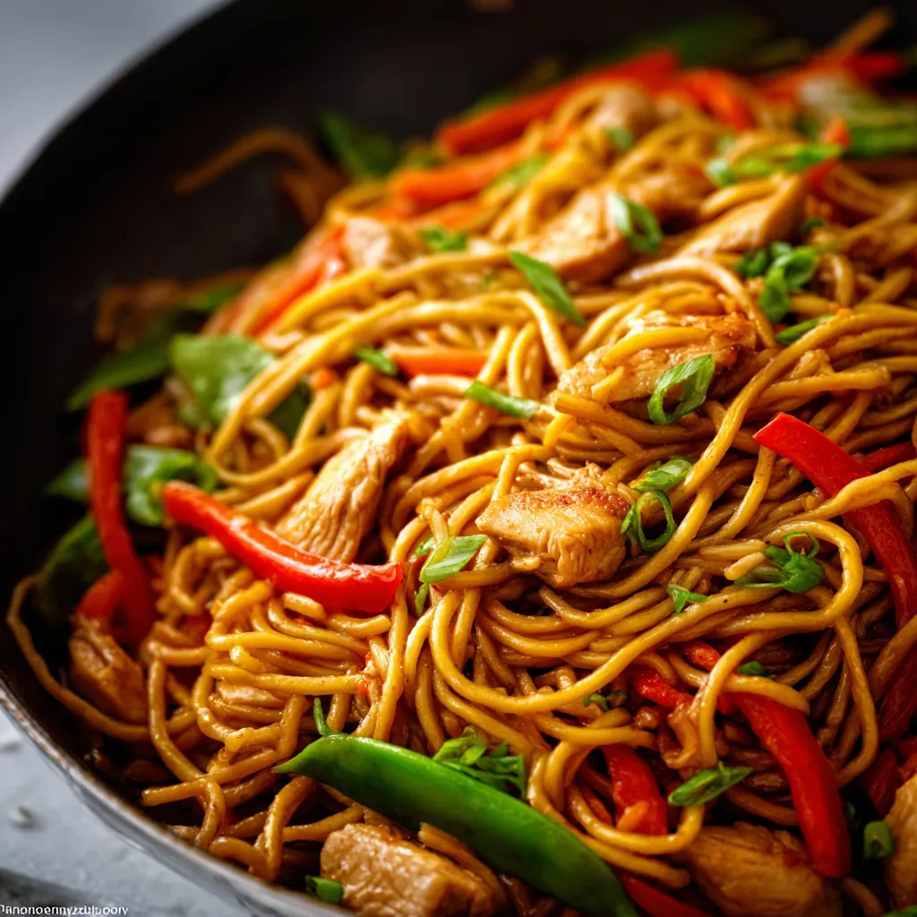 Close-up of delicious Chicken Lo Mein noodles with colorful vegetables and tender chicken pieces.