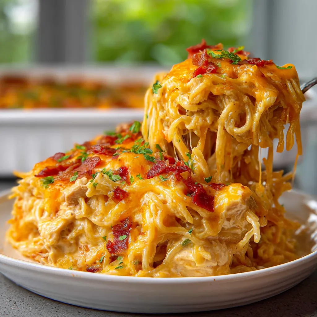 Creamy chicken spaghetti casserole, ready to be served. Comfort food at its finest!