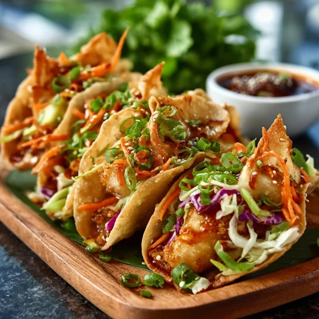 Delicious Chicken Wonton Tacos topped with fresh cilantro and a drizzle of sauce.