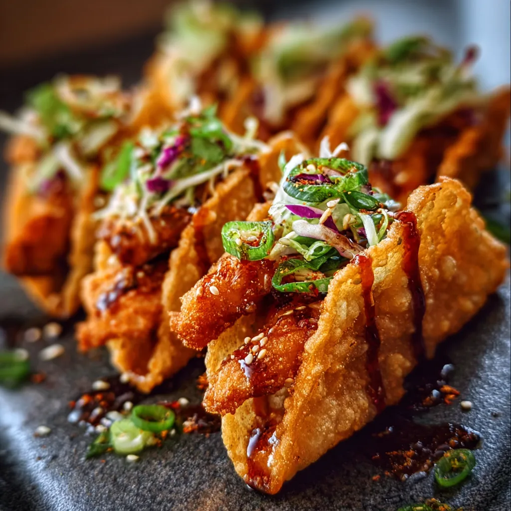 Delicious Chicken Wonton Tacos ready to eat, a flavorful and easy appetizer recipe.