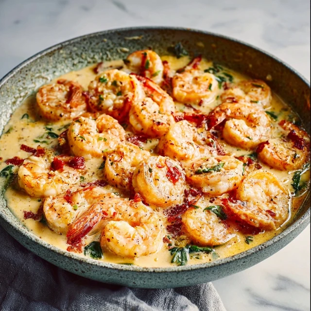 Delicious Creamy Garlic Shrimp served in a white bowl, ready to eat.
