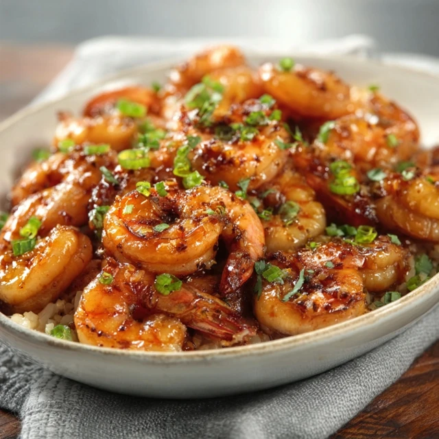 Plump Honey Garlic Shrimp glistening in its savory sauce, ready to be enjoyed.