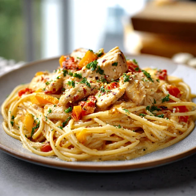 Creamy Monterey Chicken Spaghetti with juicy chicken, peppers, and onions.