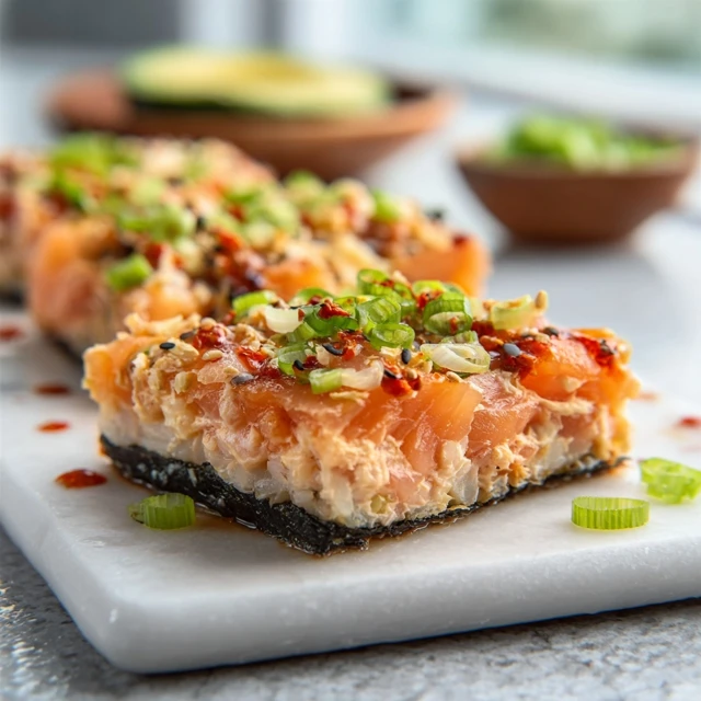 Delicious Salmon Sushi Bake ready to be served, a perfect party appetizer.