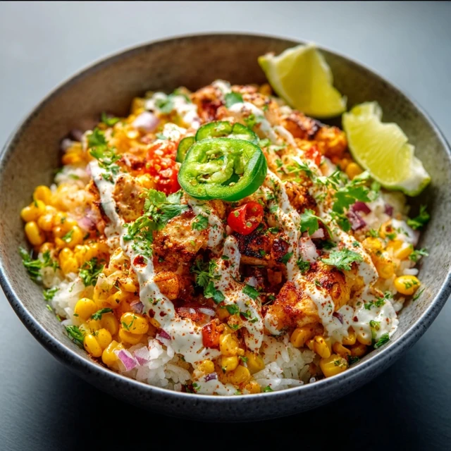 Delicious Street Corn Chicken Rice Bowl, ready to eat.