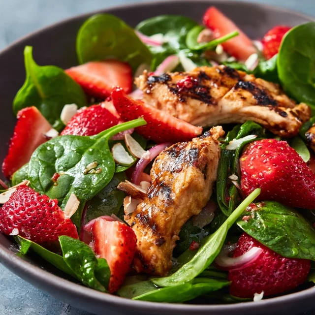 VIBRANT STRAWBERRY SPINACH SALAD WITH GRILLED CHICKEN 4 Strawberry Spinach Salad with Grilled Chicken Recipe