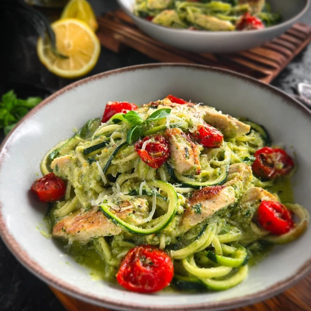 VIBRANT ZUCCHINI NOODLES WITH PESTO & CHICKEN 4 Zucchini Noodles with Pesto & Chicken Recipe