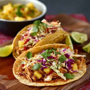 Three Pineapple Chicken Tacos with Slaw served on a plate with fresh cilantro and a lime wedge.