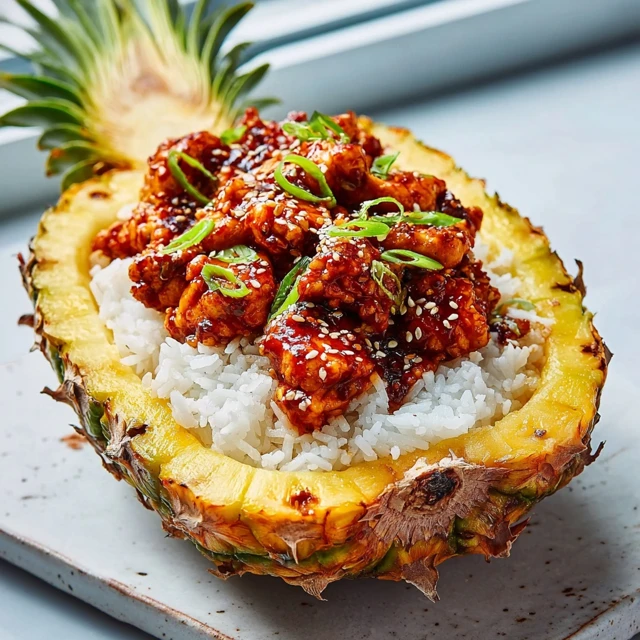 ALOHA TERIYAKI PINEAPPLE CHICKEN BOWLS 1 A delicious bowl of Teriyaki Pineapple Chicken Bowls with white rice, sesame seeds, and green onions.