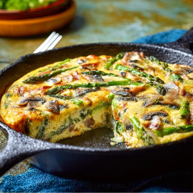 ASPARAGUS AND MUSHROOM FRITTATA PERFECTION 1 A golden-brown Asparagus and Mushroom Frittata in a cast-iron skillet, with a slice taken out to show the fluffy interior.