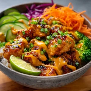 Delicious Bang Bang Chicken Bowl with vibrant vegetables and creamy sauce.