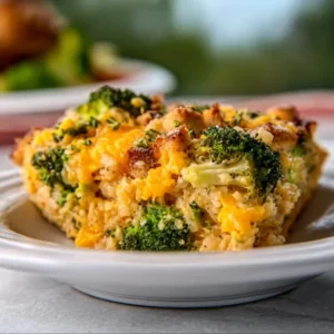 A bubbly, golden-brown broccoli cheese rice casserole fresh out of the oven in a white baking dish.