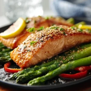 A baking sheet with perfectly roasted Sheet Pan Salmon and Asparagus, garnished with fresh lemon slices and dill.