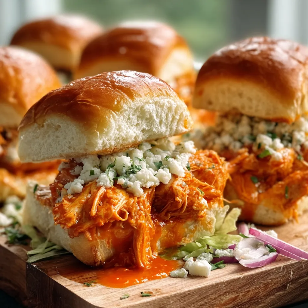 BUFFALO CHICKEN SLIDERS GAME DAY BITES 1 Delicious Buffalo Chicken Sliders piled high with toppings, ready to eat.