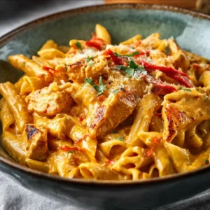 Creamy Cajun Chicken Pasta with peppers and parmesan cheese.