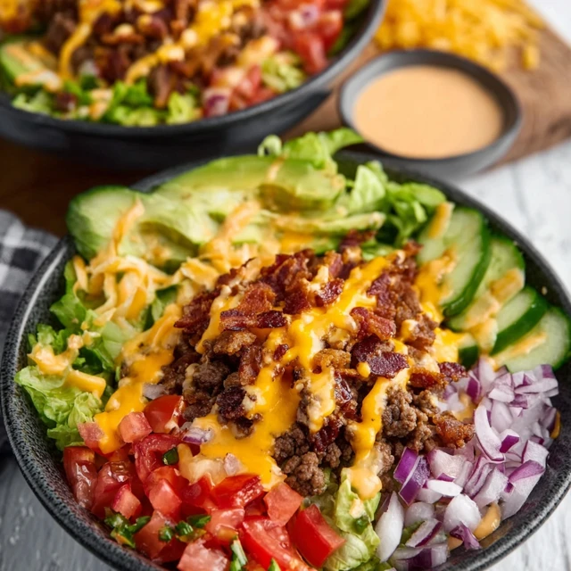 CHEESEBURGER BOWLS HIGH PROTEIN LOW CARB 1 Delicious Cheeseburger Bowls loaded with ground beef, cheese, and toppings.