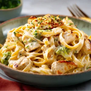 CHICKEN ALFREDO BEYOND YOUR WILDEST DREAMS 5 A close-up of a white bowl filled with creamy Chicken Alfredo, topped with grilled chicken slices and fresh parsley.