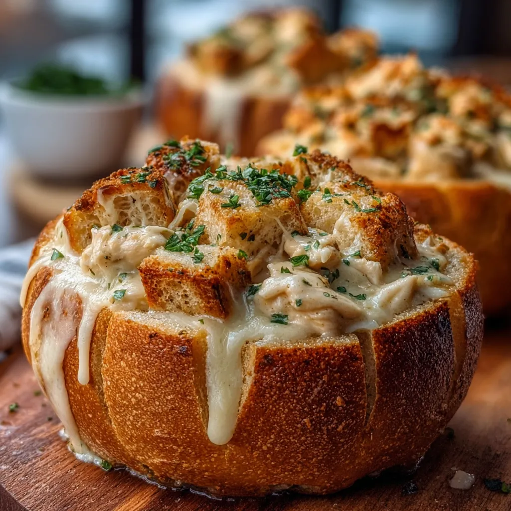 CHICKEN ALFREDO GARLIC BREAD BOWLS TONIGHT 1 Creamy Chicken Alfredo Garlic Bread Bowls recipe, a delicious and easy comfort food meal.