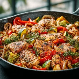 CHICKEN AND VEGETABLES SKILLET HEALTHY ONE PAN 2 Chicken And Vegetables Skillet with colorful bell peppers, onions, and juicy chicken.