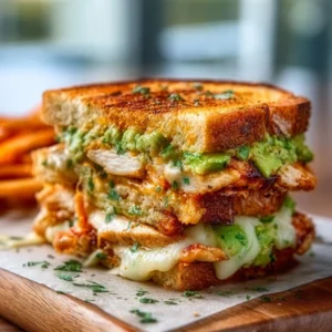 CHICKEN AVOCADO MELT DREAMY GOURMET SANDWICH 2 Delicious Chicken Avocado Melt sandwich with melted cheese and toasted bread.