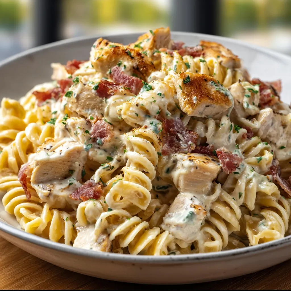 CHICKEN BACON RANCH PASTA DREAM RECIPE 1 Creamy Chicken Bacon Ranch Pasta ready to eat. Delicious comfort food!