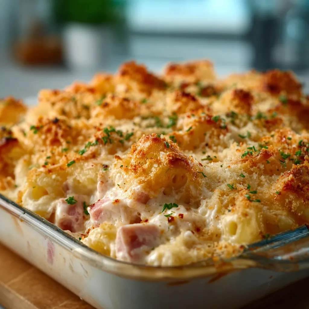 CHICKEN CORDON BLEU CASSEROLE EASY SOPHISTICATED 1 Creamy Chicken Cordon Bleu Casserole with ham and swiss cheese, ready to bake.