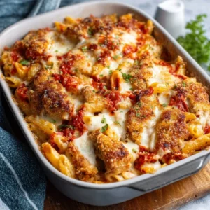 A golden, bubbly Chicken Parmesan Casserole in a white baking dish, topped with melted mozzarella and fresh basil.