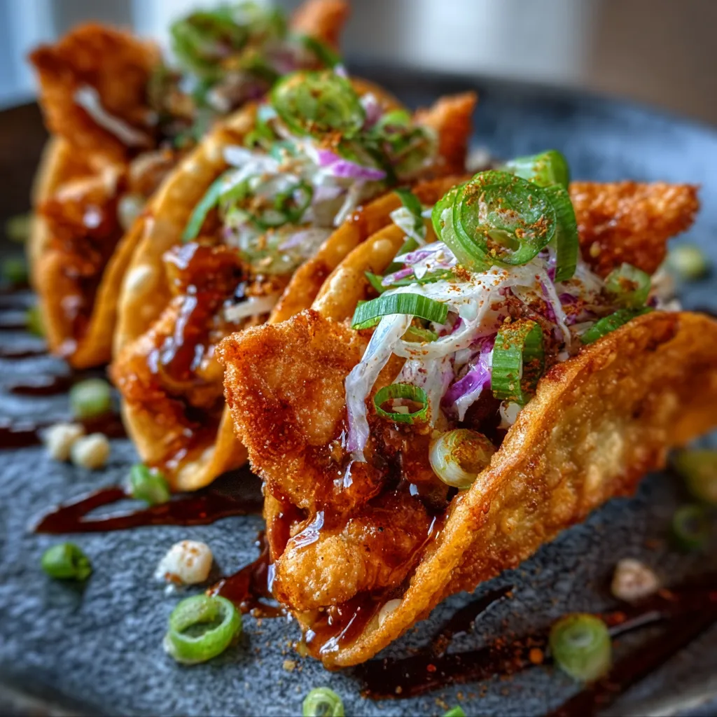CHICKEN WONTON TACOS CRUNCHY FUSION BITES 1 Delicious Chicken Wonton Tacos with fresh toppings, ready to eat.